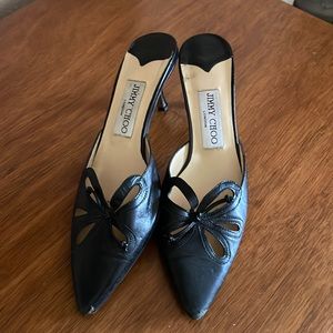 Jimmy Choo Black Leather Pointed Toe Mid Heel Mules, Vintage, Size 6.5